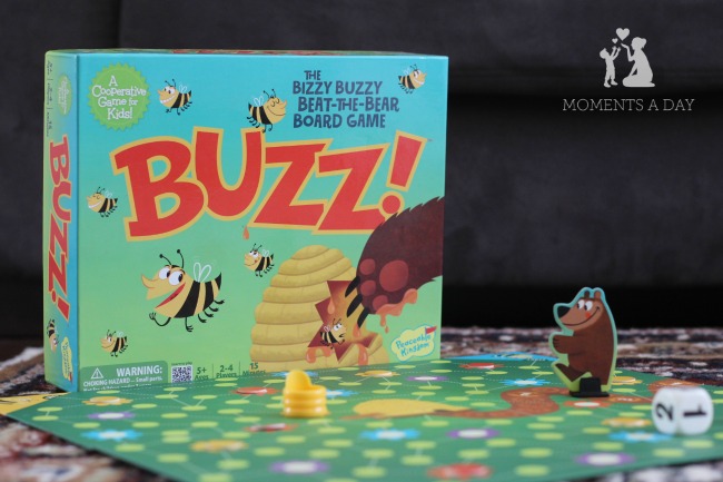 Cooperative board game for kids from Peaceable Kingdom called Buzz featuring bees and a bear