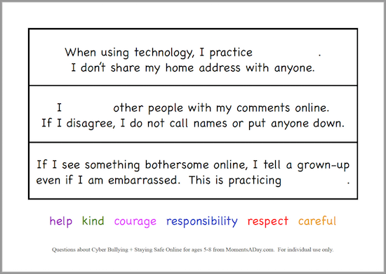 Free printable activity about teaching cyberbullying and online safety